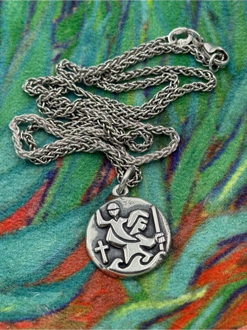 James Avery Sterling Saint Medal Pendant with Green and Pink Patina